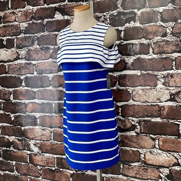 Vince Camuto Dress Women's 6 Blue White Striped Cold Shoulder Midi NWT - Picture 6 of 16